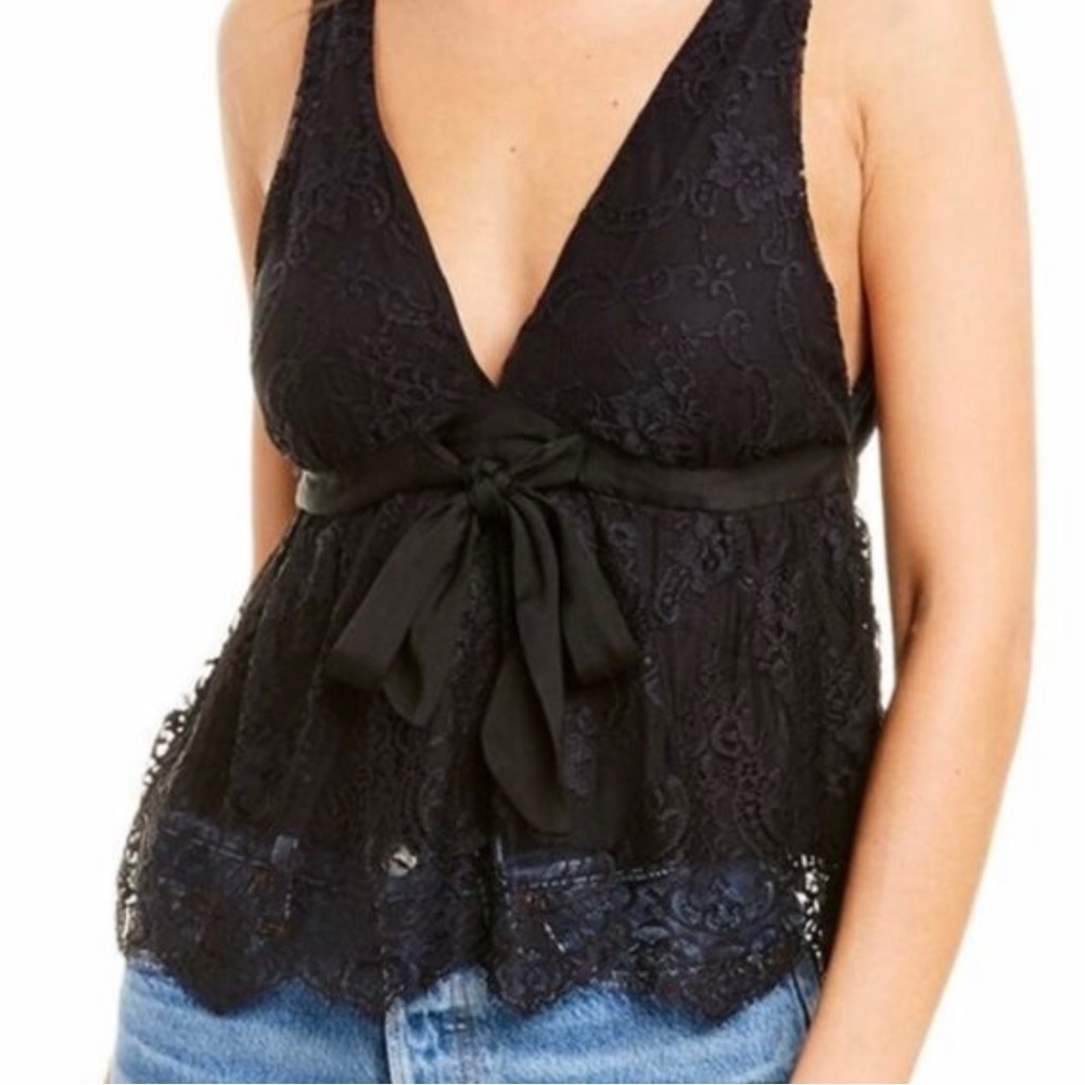 Free People lace v-neck loose fit black blouse women’s Size Small - Picture 2 of 14